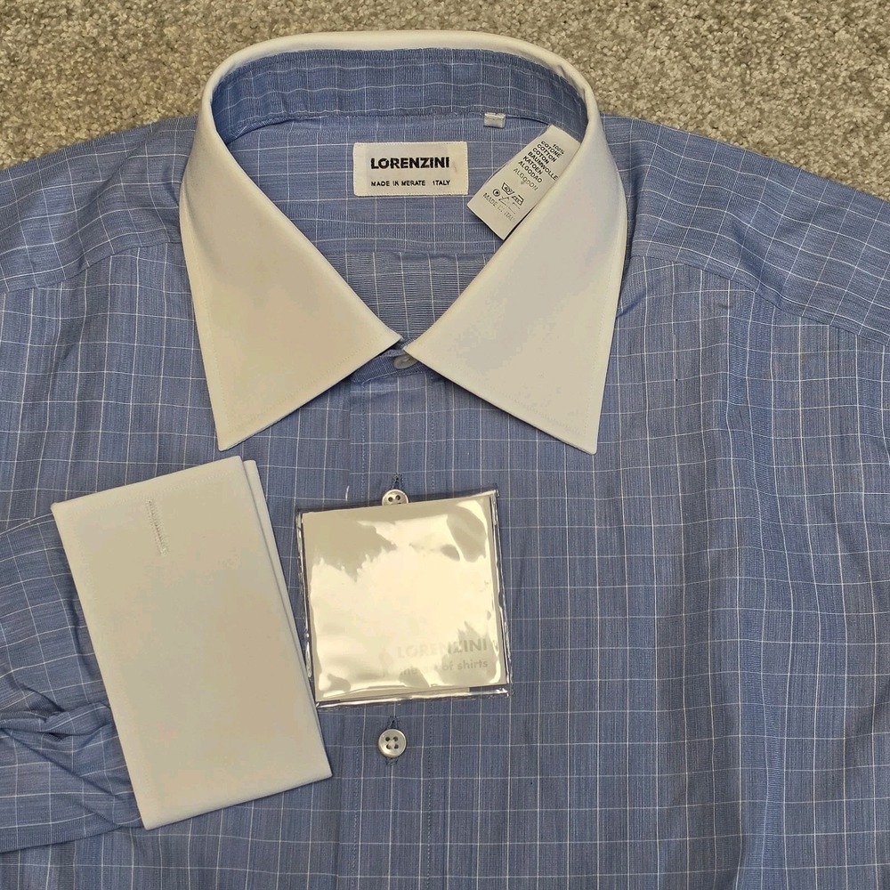 Lorenzini Blue Windowpane Contrast Collar French Cuff Dress Shirt 16 41 Italy